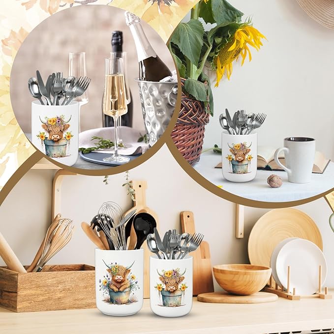 Highland Cow Ceramic Utensil Holder Watercolor Cow Floral Utensil Crock for Farmhouse Home Kitchen Countertop Storage Organizer, Set of 2