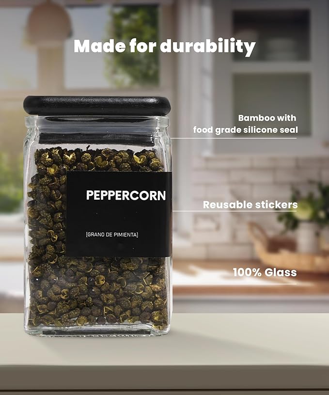 APT 1101 4 oz Glass Square Spice Jars with Labels, Glass Jars with Bamboo Lids, Spice Bottles, Seasoning Organizer, 12 Pack (Black)