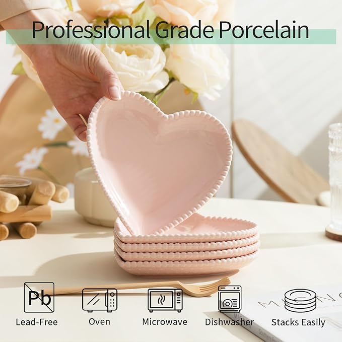 OMAYKEY 6.3 Inch Ceramic Dessert Plates, Small Salad Plates, Porcelain Heart Shaped Appetizer Plates, Dinner Plates for Cake, Snack, Ice Cream, Microwave, Oven, Dishwasher Safe, Pink - Set of 10