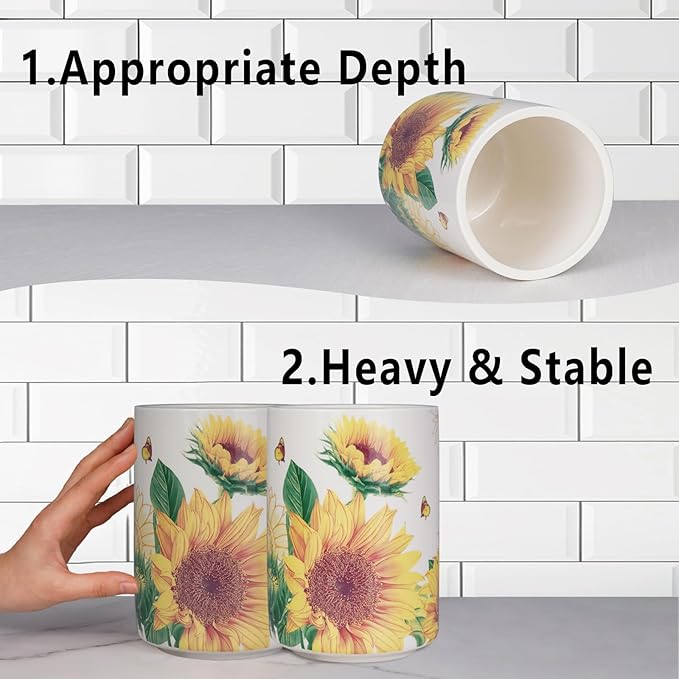 Sunddo Sunflower Utensil Holder, 6.7" Large Utensil Crock, Ceramic Cooking Utensil Holder for Kitchen Counter, Utensil Organizer for Kitchen Decor