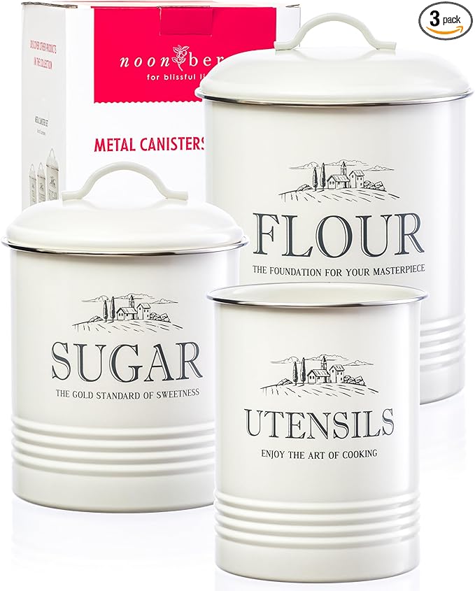 Kitchen Canisters for Countertop – 3-Piece Airtight Canister Set for the Kitchen Counter with Utensil Holder – Flour Sugar Containers – Cream-White Magnolia Finish