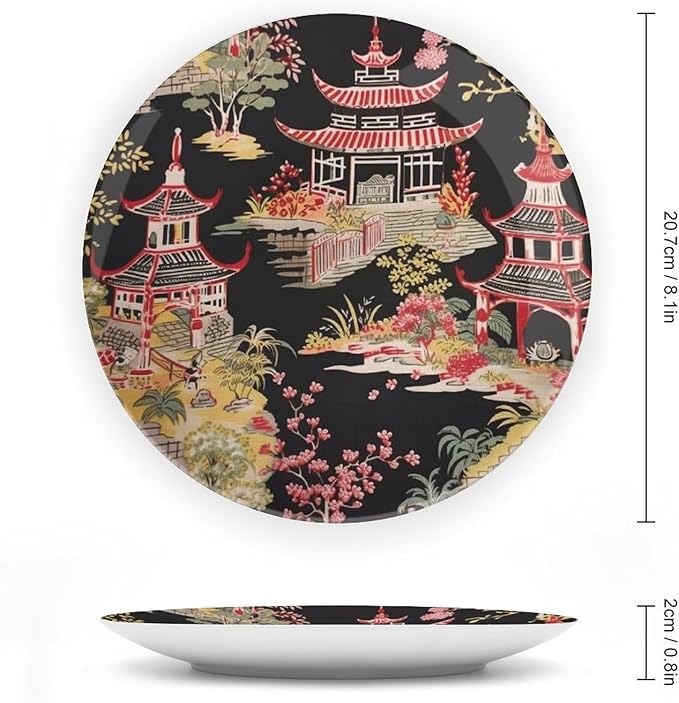 Chinoiserie Charcoal Coral Pagoda Asian Ceramic Decorative Plate, Ancient China Chinoiserie Pagoda Customize Hanging Decorative Tiles for Display Household Home Decor, with 1 Display Stand Art Decor