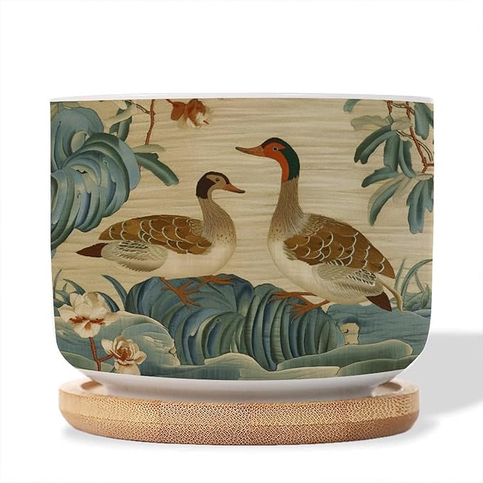 2 Piece and Duck Garden Small Plant Pots Chinoiserie Style Succulent Pot with Drainage Bamboo Trays Green Water Lily Chinoiserie Flower Ceramics Planters for Indoor Plants