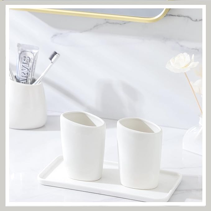 Ceramic Bathroom Accessory Set, 7 Pieces Countertop Accessories, Include Soap Dispenser, Toothbrush Holder, 2 Tumbler Cup, Soap Dish, Plastic Vanity Tray, Qtip Holder (White)