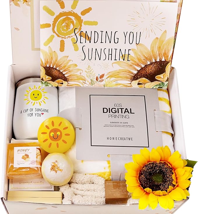 Get Well Soon Gifts for Women, 10pcs Care Package Unique Birthday Gifts for Women Sending Sunshine Box Sunflower Basket w/Inspirational Blanket Jar Candle for Thinking of You Sister Best Friend