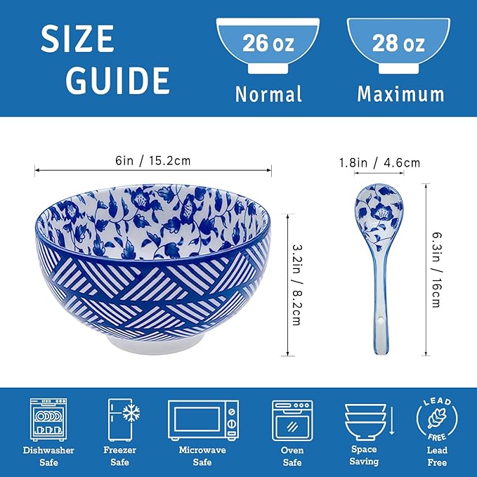 Japanese Ceramic Bowls Set of 6, 28 Oz Large Asian Porcelain Ramen Soup Salad Cereal Noodle Bowl with 6 Spoons, Deep Bowl for Kitchen Decor and Housewarming Gift, Dishwasher & Microwave Safe