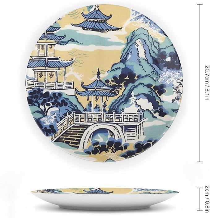 Blue And White Chinoiserie Pagoda Ming Toile Asian Decorative Plate for Display Art Decoration Household Supplies Kitchen Wall Holiday Party Decorations Customize Gifts for Men Women Christmas