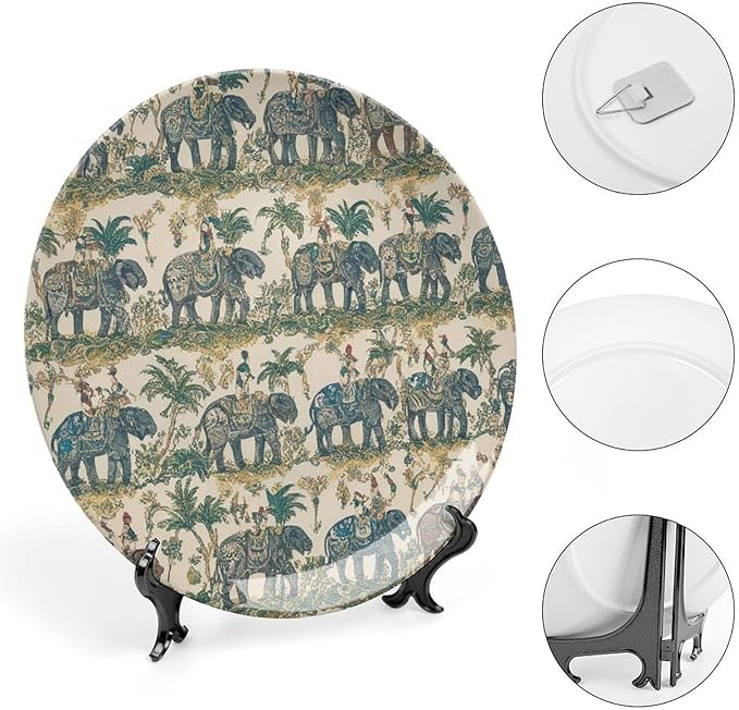 Christmas China Plates for Display South Asian India Elephant Walk Jungle Display Home Supplies Blue And White Plates with Display Stand Custom Gifts for Men Women, 6", 7", 8", 10"