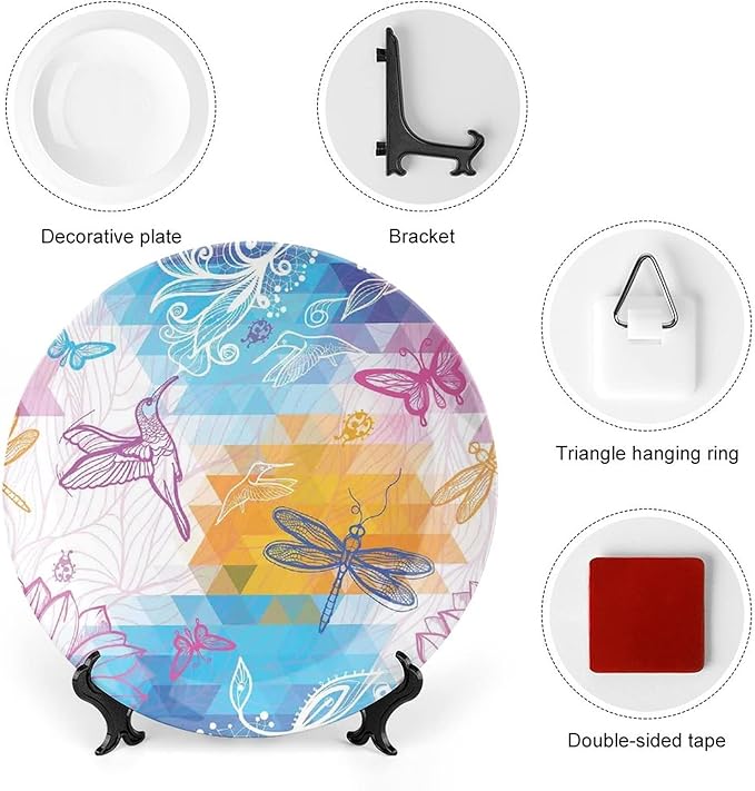 XISUNYA 10 Inch Decorative Plate, Dragonfly Porcelain Plate, Beetle Dragonfly and Bird Shapes Over Geometrical Graphic Print Ceramic Wall Hanging for Home Office Party Dinner Table Decor
