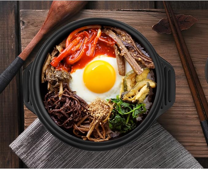 Korean Stone Pot Set with Tray and Stainless Steel Spoon, Ceramic Bowl for Bibimbap and Soup, No Lid (1100 ML (37 OZ))
