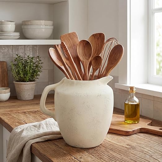 Rustic Kitchen Utensil Holder with Handle,7.48" H Ceramic Vintage Utensil Crock for Countertop, Farmhouse Kitchen Decoration Ceramic Pot for Spatulas Spoons Tongs(Novelty,Antique Cream)