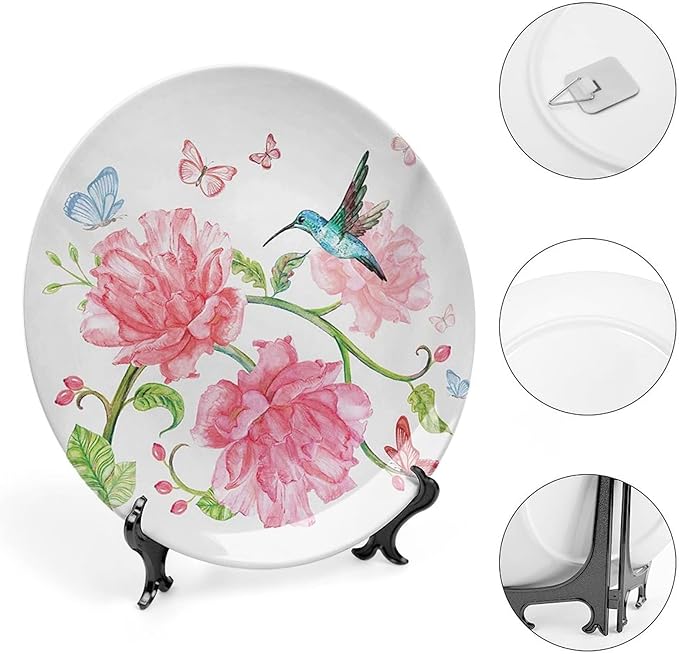 XISUNYA 10 Inch Decorative Plate,Hummingbird Ceramic Stoneware, Vintage Watercolor Butterflies Birds and Flourishing Branch Print Ornament Display Plate for Dining Table Setting, Christmas Tablescape