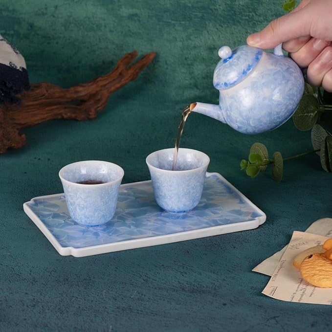 KAMMAK Tea Set for Adults Porcelain Tea Pot and Tea Cups Set,Ice Crystal Blue Japanese Ceramic Tea Cups and Saucers Set, Chinese Gong Fu Tea Set (2 Cups +1 Pear-shaped Teapot + 1 Square Plate)