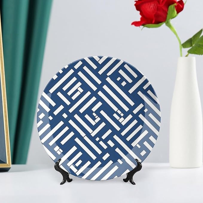 Lacefield Trellis Print Geometric Blue Ceramic Decorative Plate, Bone China Decorative Plate for Club Household Festival Decor, Unique Art with Stand Art Decorations for Display Housewarming Gifts