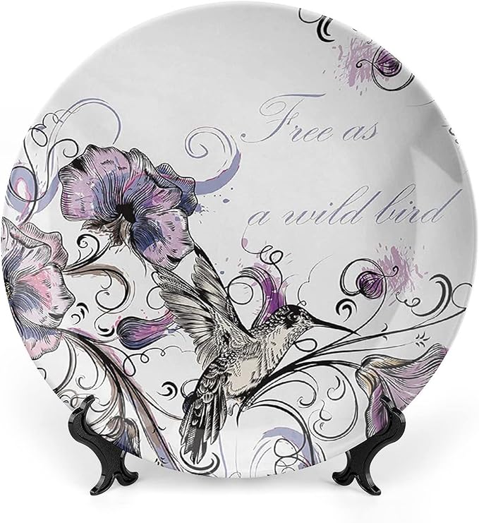 XISUNYA 6 Inch Decorative Plate, Hummingbird Dinner Plate, Flowers Leaves Bird and Classic Print Ceramic Wall Hanging Decor Accessory for Dining Table Tabletop Home Decor