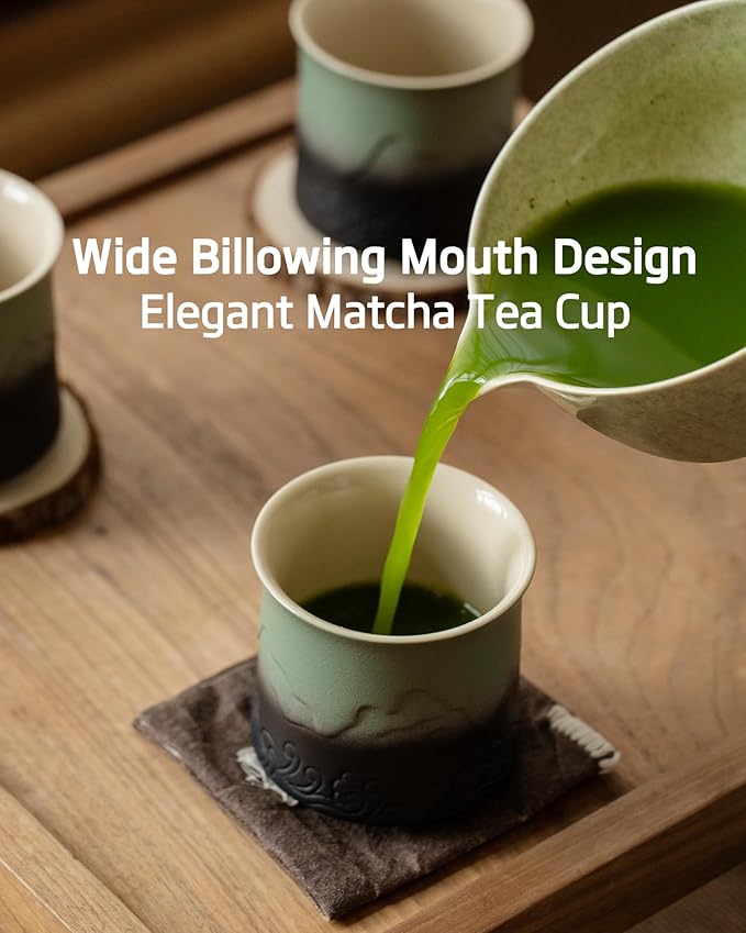ZENS Japanese Tea Cups Set of 4, Embossed 8 oz Ceramic Japan Tea Cup for Hot Tea or Matcha, Japanese Style Handle-less, Occupied Japan Tea Cup, Moss Green
