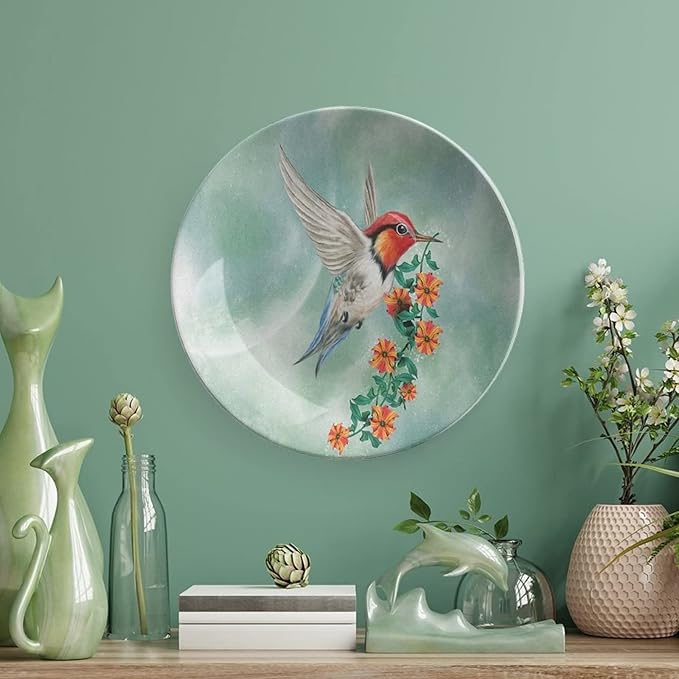 XISUNYA 8 Inch Decorative Plate, Hummingbird Porcelain Plate, Hummingbird Flying with Flower Branch Print Ceramic Wall Hanging for Home Office Party Dinner Table Decor