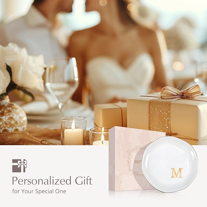 ProCase Ceramic Jewelry Tray, Initial Ring Dish Trinket Plate Engagement Gift, Small Personalized Monogram Ring Bowl for Wedding, White Decorative Jewelry Holder for Women Vanity -Letter M