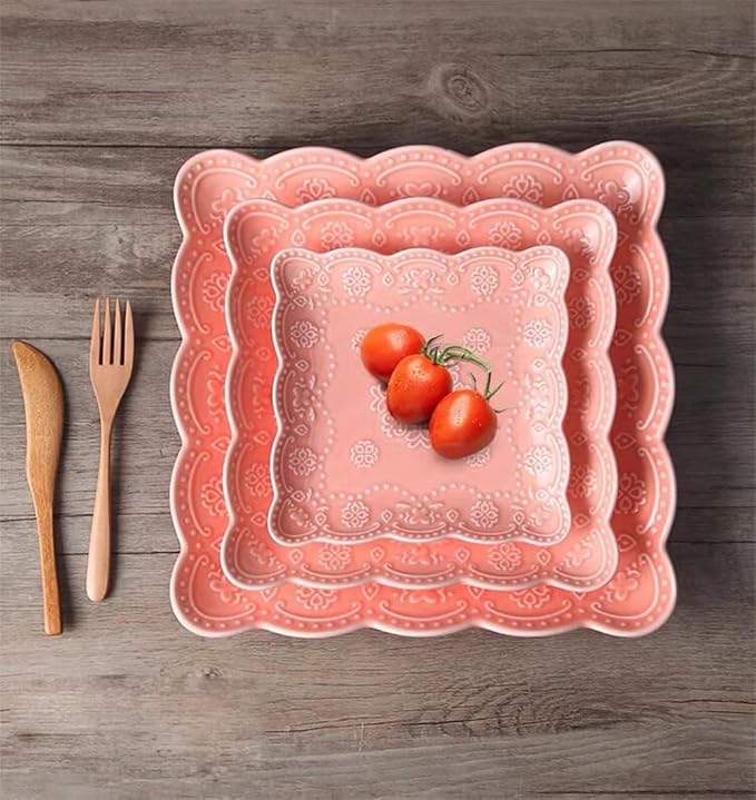 Eplze YBK Tech Elegant Square Embossed Lace Plate Bone China Dessert Plate Ceramic Plate for Breakfast Afternoon Tea (Pink, 6-inch)