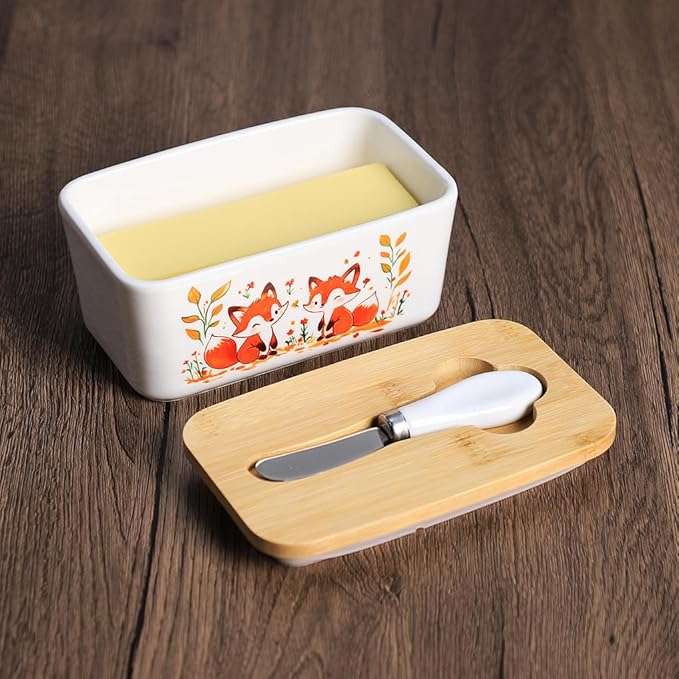 WAIT FLY Fox Ceramic Butter Dish with Bamboo Lid and Knife, 2 Sticks Butter Dish Butter Container Keeper for Kitchen Countertop, Home Decorative-Fox