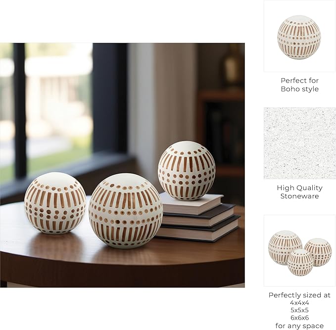 Ceramic Decorative Orbs – Sculptural Decorative Balls for Layered Tabletop Decor, Living Room and Shelf Placement, Boho Pattern Design Home Decor Decorative Objects – 6", 5", 4", Brown and White
