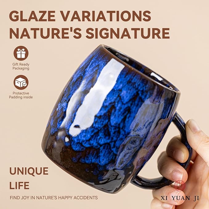 Midnight Blue Ceramic Coffee Mug 15oz - Handcrafted Artisan Mug with Large Comfortable Handle, Unique Design for Coffee Lovers, Dishwasher Safe