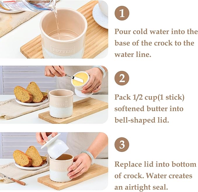 NUTRIUPS Ceramic Butter Crock, Butter Dish with Lid for Countertop with Water Line, French Retro Butter Crock for Spreadable Butter (Warm Sand White)