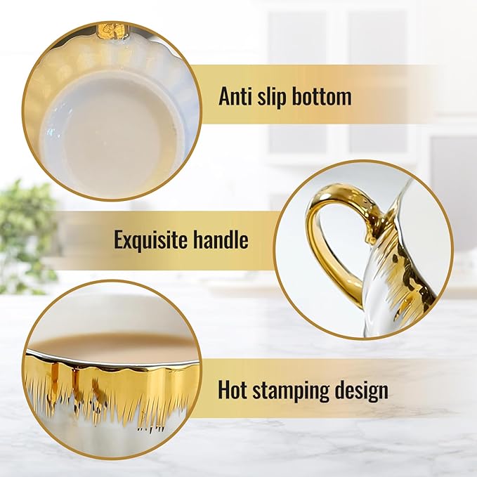 3.5oz Ceramic Turkish Coffee Cup Set of 6, British Italian Cappuccino Cups Porcelain Espresso Cups and Saucers with Gold Trim for Double Espresso Cappuccino Latte Mocha Tea