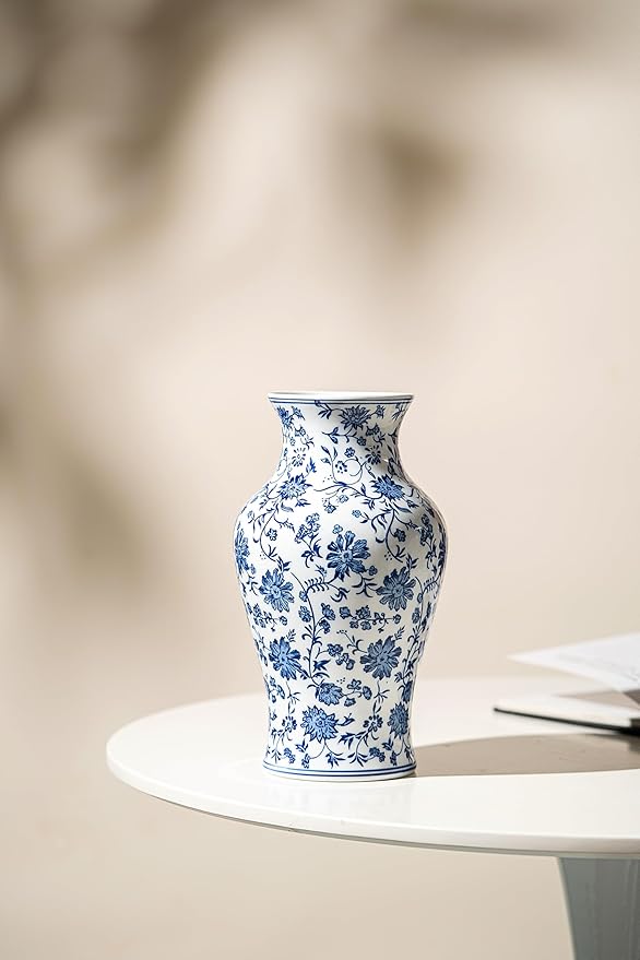 Blue and White Porcelain Décor, Blue and White Vase, Blue Vase, Chinoiserie Vase, Blue and White Ginger Jar Vase for Home Decor,Flower Vase,11" H