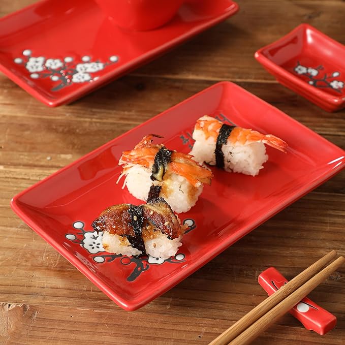 10 pcs Japanese Sushi Plate Sets Serving Platters and Trays for Entertaining Sushi Dishes Set Plates Sushi Plates Traditional Cuisine Dinnerware Sets with Chopsticks Red Plum