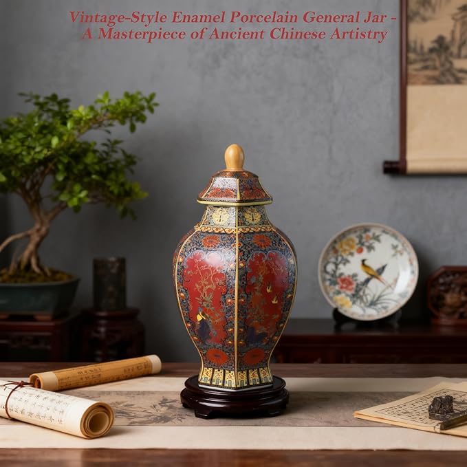 Ceramic General Jar - Antique Cloisonné Enamel Vase with Gold Rim, 11.8" Tall Storage Canister for Kitchen, Jingdezhen Porcelain Vase for Home Decor, Ideal Gift for Housewarming