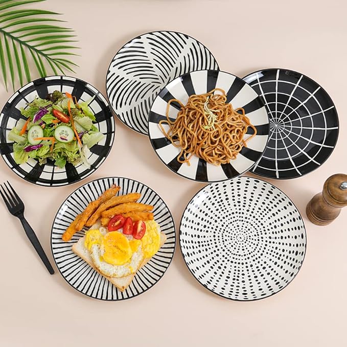 Ceramic Dessert Plates 8 Inch - Salad Appetizer Plate Set of 6 - Modern Japanese Style - Dishwasher and Microwave Safe - Black and White