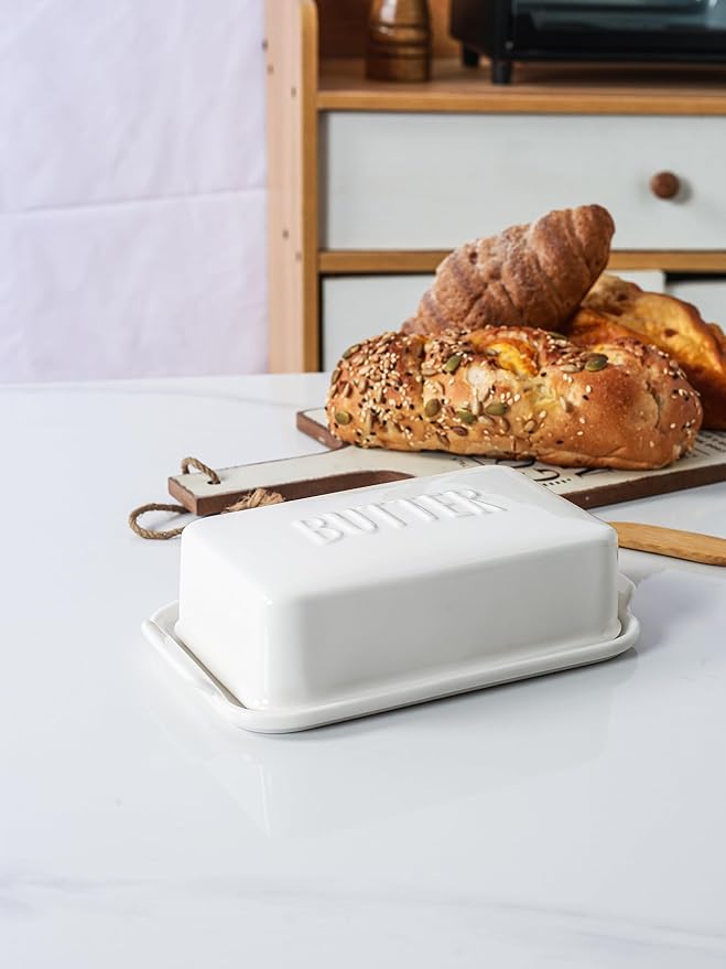 Porcelain Covered Butter Dish with Lid for Countertop Butter Holder Container for One Stick of Butter. Textured Tray Butter Keeper for Non Slip Storage-White Small