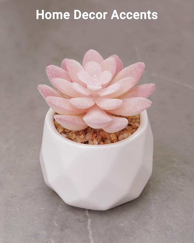 VIVERIE Mini Succulents Plants Artificial in Pots-Rose Pink, Christmas Small Fake Succulents Plants for Home Decor Indoor for Women, White Ceramic Faux Succulents, Set of 1, Gifts for Mom