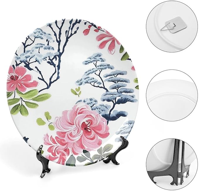 Chinoiserie Asian Floral Ceramic Decorative Plate for Display Pink Flowers in White Festival Wedding Supplies Wall Household Holiday Party Decorations Customize Gifts for Men Women Wedding