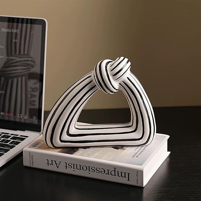Linxia Minimalist Striped Knot Flower Vase and Art Sculpture 2-Piece Set, Black and White Line, Designer Vase and Ornament for Table Centerpieces Aesthetic for Home Office