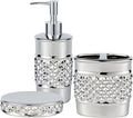 3-Piece Silver Ceramic Bathroom Accessories Set - Luxurious Soap Dispenser, Toothbrush Holder & Soap Dish with Modern Geo Embossed Design for Bathroom Accessory Set