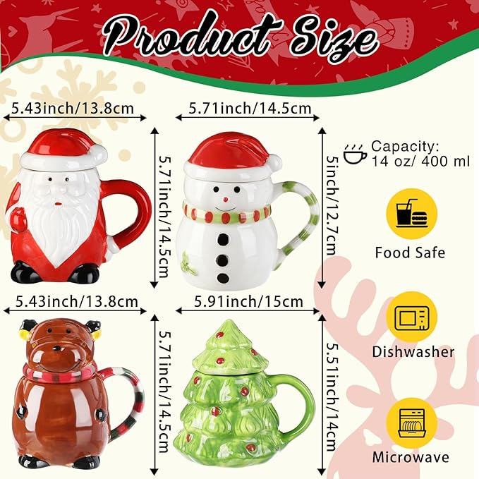 Baderke 4 Set Santa Mug Bulk with Lid 14 oz Christmas Ceramic Coffee Mug Santa Snowman Reindeer Xmas Tree Porcelain Latte Tea Cup for Holiday Christmas Birthday Men Women Gifts