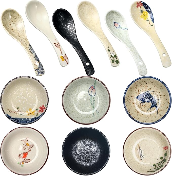 Tioncy Set of 12 Japanese Retro Style Tableware Soy Sauce Dish Set 6 Pcs Asian Soup Spoons 6 Pcs Ramen Appetizer Plates 3.8 Inch Japanese Rice Spoon for Sushi Sauce Snack