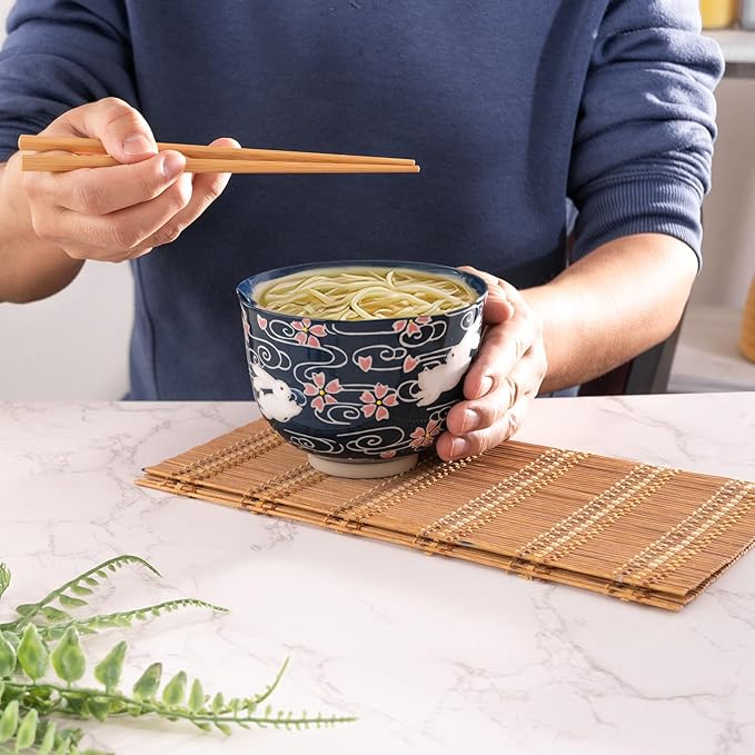 Urban Tokyo Handpainted Ceramic Glazed Japanese Ramen Udon Noodle Rice Bowl With Chopsticks 20 fl oz 5 inch Diameter Bowl Sets Color Box Packaging (Cherry Blossoms Rabbit)