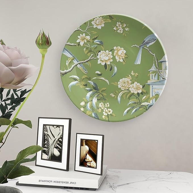 Pagoda Garden Imperial Green Chinoiserie Vintage Plates, Personalized Wall Hanging Decoration for Table Kitchen Club Decor, with Vertical Stand Art Decorations for Household Office