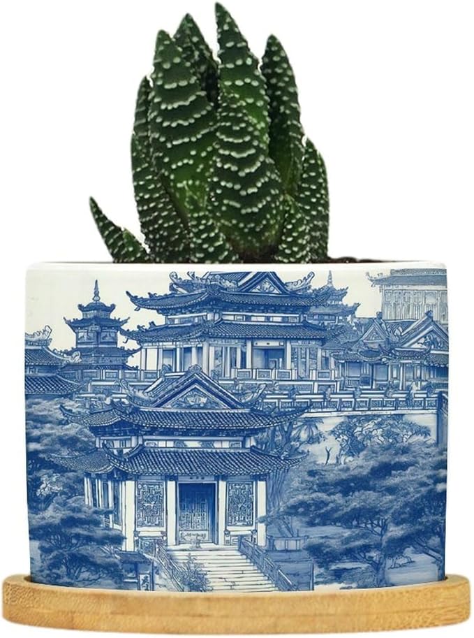 Planters Ceramic Chinoiserie Blue And White Porcelain Pattern Ceramic Pots with Drainage Holes Round Flowerpot Bamboo Tray Plant Pots for Succuelnt And Little Snake Plants Pots for Nana Grandma