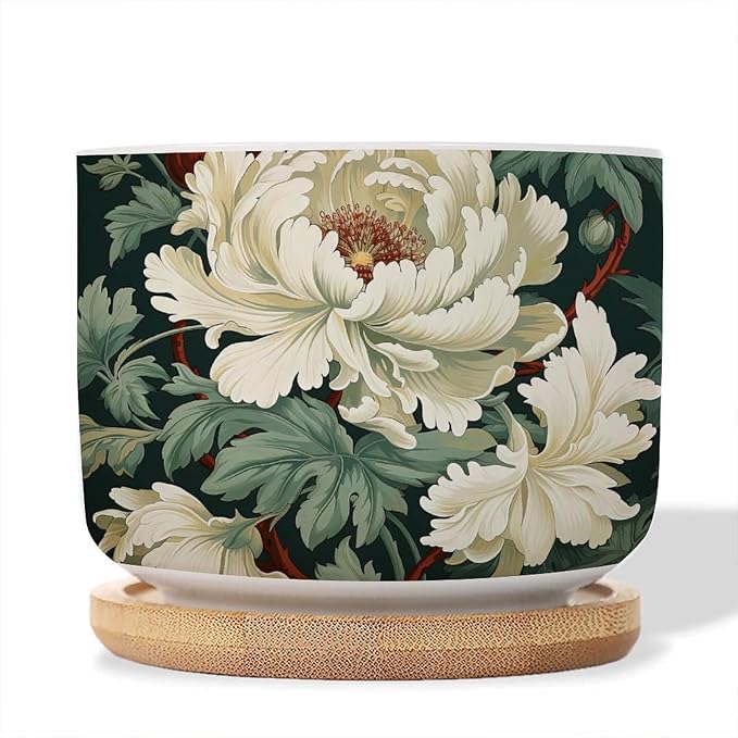 Egg Green and White Floral Small Pot for Flowers Set of 3 White Chinoiserie Flower Ceramics Pots for Plants with Drainage Bamboo Trays Chinoiserie Cactus Planter