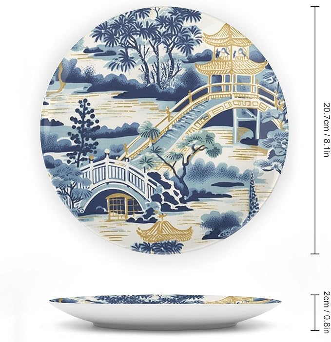 Vintage Plates Blue And White Chinoiserie Pagoda Ming Toile Asian Custom Decor for Display Farmhouse Home Art Decoration Ceramic Salad Plates Including Bracket And Special Hook, Gifts for Men Women