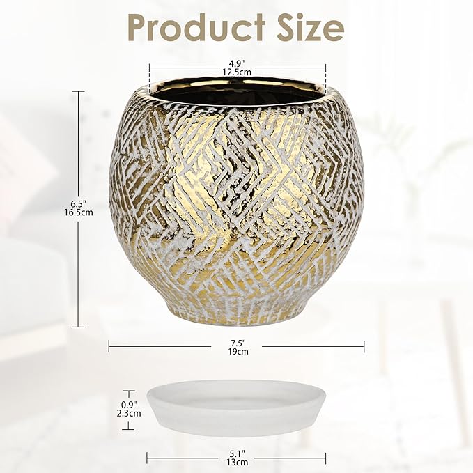 Ceramic Plant Pots for Plants Indoor 7.5 Inch Round Gold and White Flower Pot Gilded Decorative Planter with Drainage Hole and Saucer Modern Ceramic Pot for Succulents Orchids Cactus Herbs Home Decor