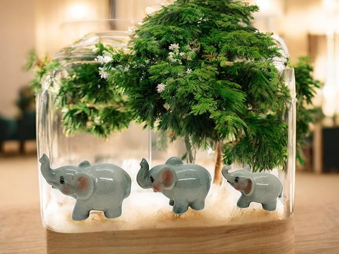 ChangThai Design Tiny 1½" Gray Baby Elephant Walk Trunk Up Figurine - Miniature Hand Made Painted Ceramic Asian Elephants Cute Wildlife Wild Animals Porcelain Decorative Collectible Figure Décor Gifts