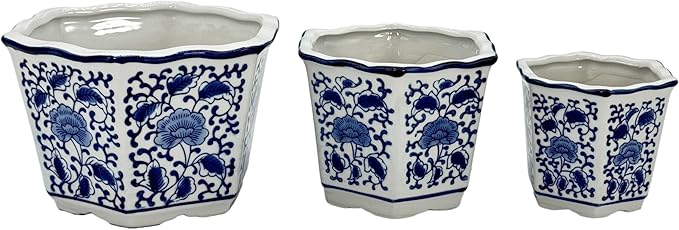Galt International Blue & White Floral Porcelain Ceramic Decorative Flower Pot 8"/6"/4.5" Garden Pots Chinese Asian Design - Set of 3 Hexagonal