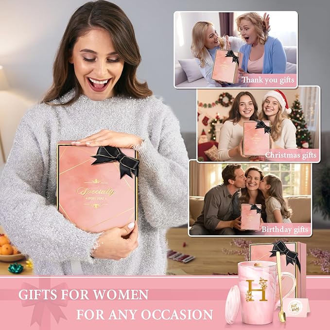 Personalized Ceramic Coffee Mug Gifts for Women, 14 Oz Pink Initial Customized Gift Coffee Mug with Lid, Birthday Christmas Mother's Day Gifts for Her Wife Mom Grandma Friend Sister Unique,H