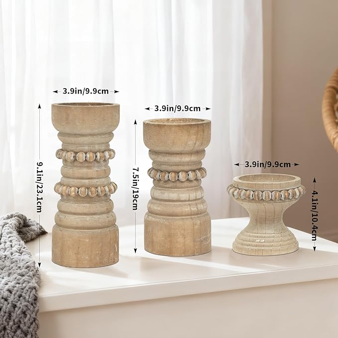 MODE HOME Rustic Natural Wood Candle Holders Set of 3, Farmhouse Beaded Wood Pillar Candle Holder, Candle Holders for Pillar Candles & Candlesticks, Candle Sticks Holder Decor for Table Centerpiece