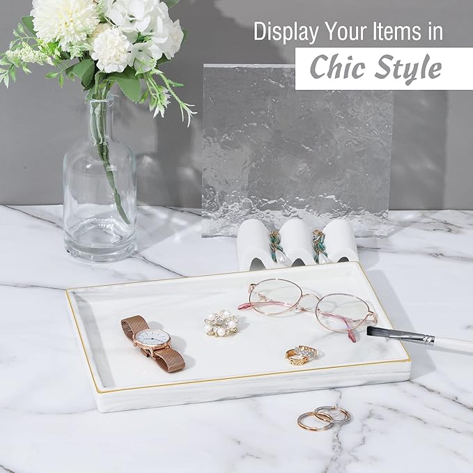 Shinowa Ceramic Vanity Tray, Bathroom Counter Tray Marble Finish Perfume Tray Rectangle Decorative Tray for Vanity Dresser Bathroom Countertop Living Room Kitchen, Large Size - Marble White